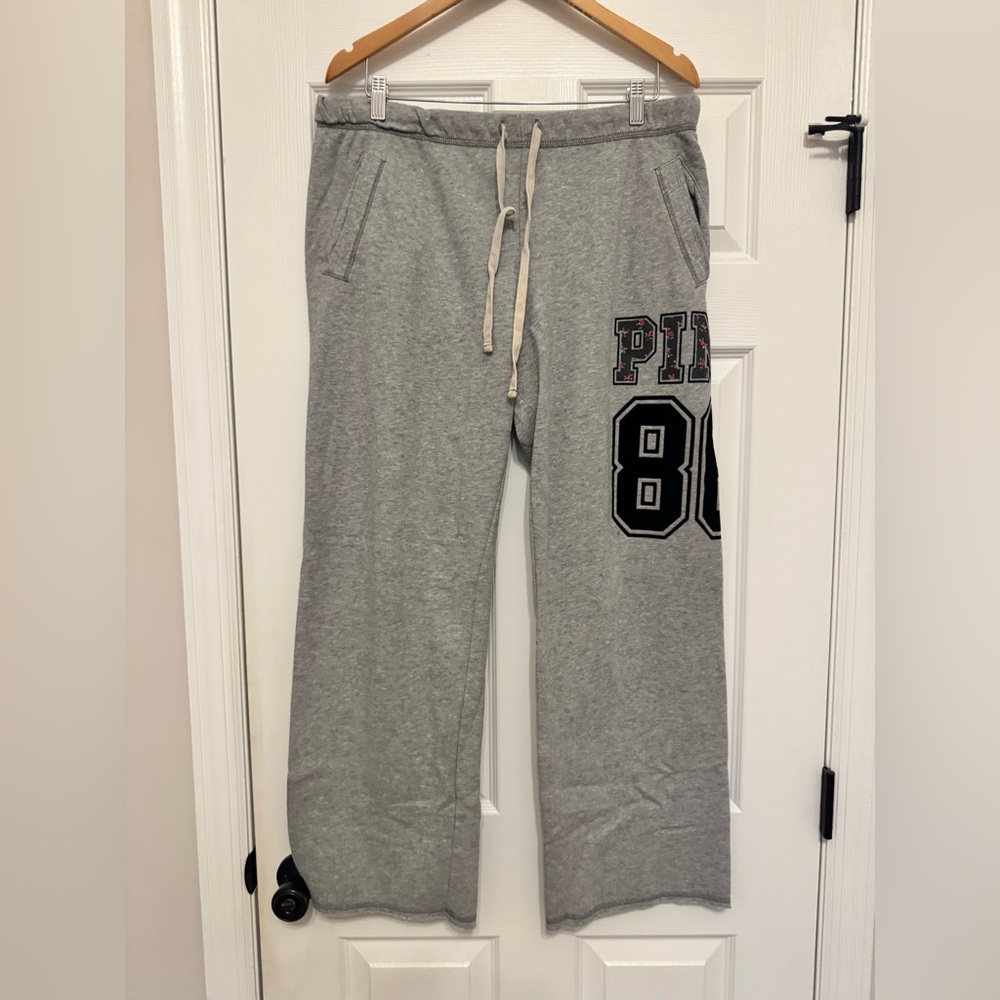 PINK Victoria's Secret Grey  Fleece Sweatpants Wide Legs Drawstring Size L Y2K